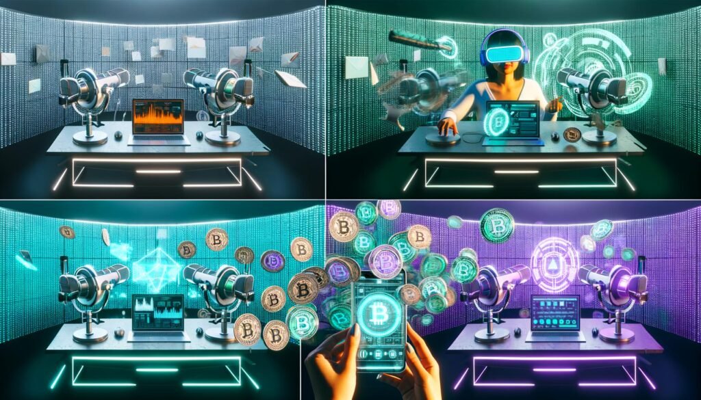 Futuristischer Schreibtisch mit moderner Technik: Mikrofone, Podcast-Interface, Laptop mit KI-Dashboards, VR-Brille, holografische NFT-Grafiken, Smartphone und digitales Wandpanel mit Datenströmen und Blockchain-Symbolen.