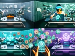 Futuristischer Schreibtisch mit moderner Technik: Mikrofone, Podcast-Interface, Laptop mit KI-Dashboards, VR-Brille, holografische NFT-Grafiken, Smartphone und digitales Wandpanel mit Datenströmen und Blockchain-Symbolen.