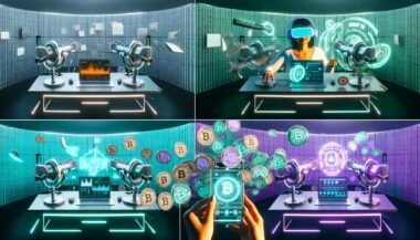 Futuristischer Schreibtisch mit moderner Technik: Mikrofone, Podcast-Interface, Laptop mit KI-Dashboards, VR-Brille, holografische NFT-Grafiken, Smartphone und digitales Wandpanel mit Datenströmen und Blockchain-Symbolen.