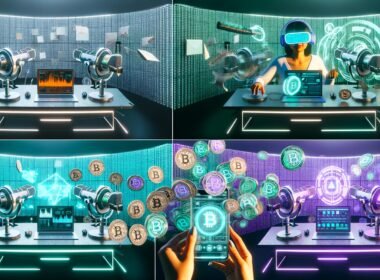 Futuristischer Schreibtisch mit moderner Technik: Mikrofone, Podcast-Interface, Laptop mit KI-Dashboards, VR-Brille, holografische NFT-Grafiken, Smartphone und digitales Wandpanel mit Datenströmen und Blockchain-Symbolen.