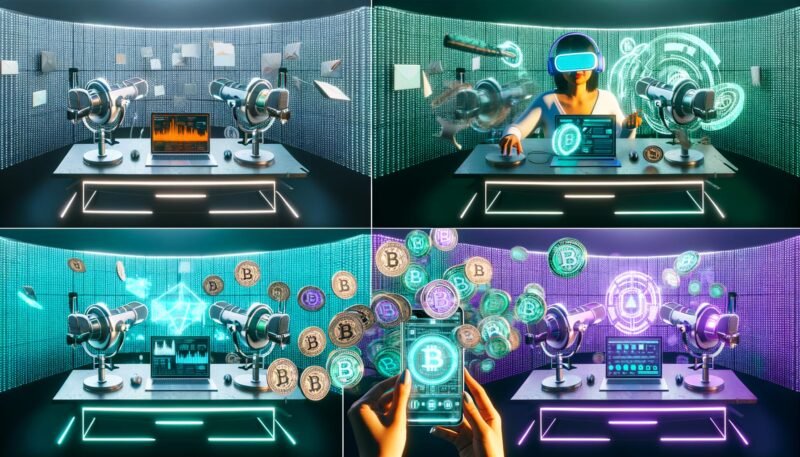 Futuristischer Schreibtisch mit moderner Technik: Mikrofone, Podcast-Interface, Laptop mit KI-Dashboards, VR-Brille, holografische NFT-Grafiken, Smartphone und digitales Wandpanel mit Datenströmen und Blockchain-Symbolen.
