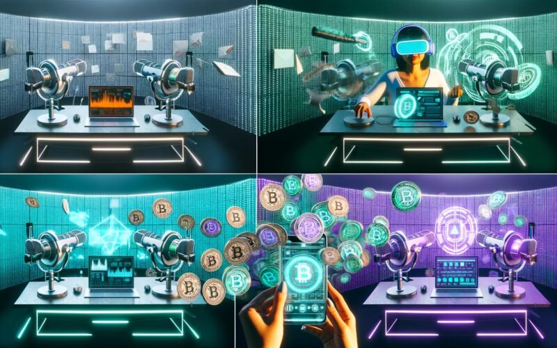 Futuristischer Schreibtisch mit moderner Technik: Mikrofone, Podcast-Interface, Laptop mit KI-Dashboards, VR-Brille, holografische NFT-Grafiken, Smartphone und digitales Wandpanel mit Datenströmen und Blockchain-Symbolen.