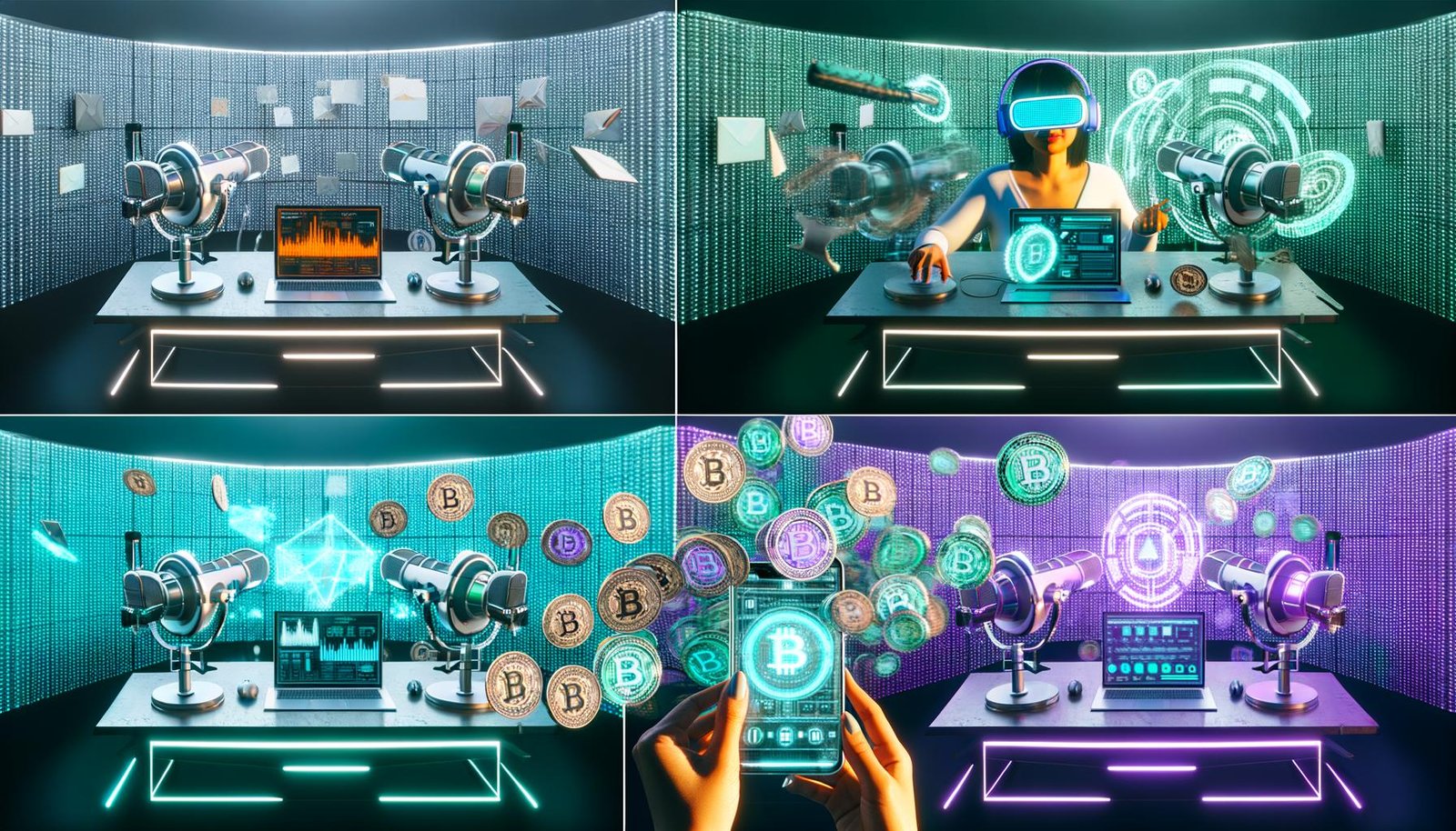 Futuristischer Schreibtisch mit moderner Technik: Mikrofone, Podcast-Interface, Laptop mit KI-Dashboards, VR-Brille, holografische NFT-Grafiken, Smartphone und digitales Wandpanel mit Datenströmen und Blockchain-Symbolen.
