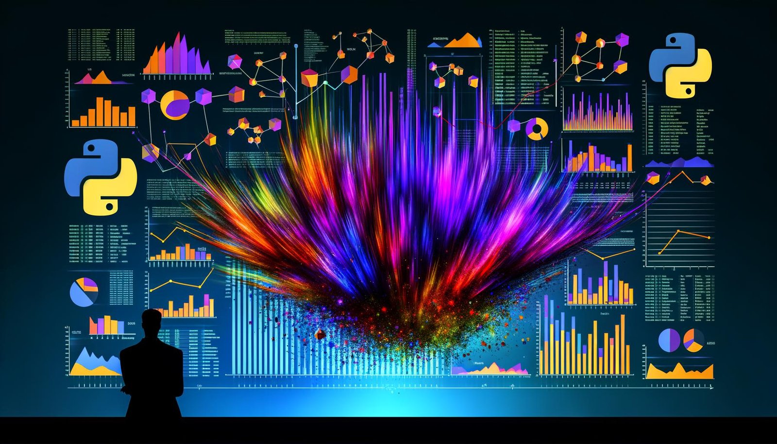 Dynamische Daten-Visualisierung mit Python: Ein bunt explodierendes Diagramm zeigt ineinanderfließende Statistiken, Liniengraphs, Heatmaps, Boxplots und 3D-Plots. Im Hintergrund subtile Codezeilen sowie Logos wichtiger Python-Bibliotheken. Ein Data Scientist im Silhouettenstil steht im Vordergrund.