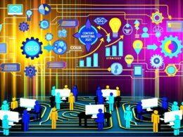 Futuristisches Titelbild mit großem Schriftzug 'Content Marketing 2025', umgeben von Icons für SEO, Datenanalyse, Automatisierung, Strategie-Tools und Funnel-Grafiken vor digitalem Netzwerk-Hintergrund, darunter Teamwork-Symbole.