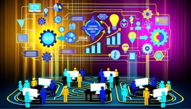 Futuristisches Titelbild mit großem Schriftzug 'Content Marketing 2025', umgeben von Icons für SEO, Datenanalyse, Automatisierung, Strategie-Tools und Funnel-Grafiken vor digitalem Netzwerk-Hintergrund, darunter Teamwork-Symbole.