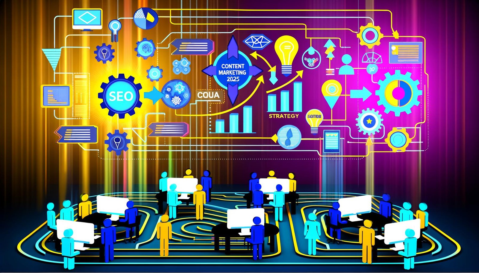 Futuristisches Titelbild mit großem Schriftzug 'Content Marketing 2025', umgeben von Icons für SEO, Datenanalyse, Automatisierung, Strategie-Tools und Funnel-Grafiken vor digitalem Netzwerk-Hintergrund, darunter Teamwork-Symbole.