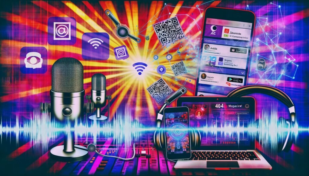 Energiegeladenes, modernes Podcast-Studio mit Mikrofonen, Kopfhörern, mehreren Monitoren mit Waveforms, Tablets und Smartphones mit Social Media Apps, umgeben von QR-Codes, NFC-Tags und digitalen Verbindungslinien.