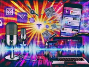 Energiegeladenes, modernes Podcast-Studio mit Mikrofonen, Kopfhörern, mehreren Monitoren mit Waveforms, Tablets und Smartphones mit Social Media Apps, umgeben von QR-Codes, NFC-Tags und digitalen Verbindungslinien.