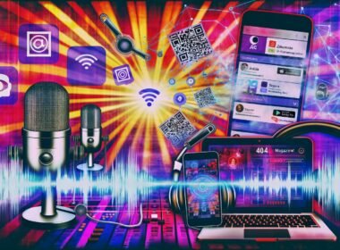 Energiegeladenes, modernes Podcast-Studio mit Mikrofonen, Kopfhörern, mehreren Monitoren mit Waveforms, Tablets und Smartphones mit Social Media Apps, umgeben von QR-Codes, NFC-Tags und digitalen Verbindungslinien.