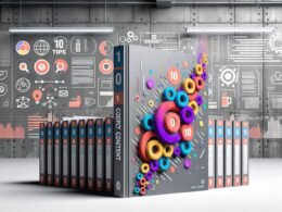 Bunter Stapel moderner Bücher mit Datenvisualisierungen und technischen Symbolen vor einem staubigen Regal voller grauer, langweiliger Bücher und digitalem Dashboard.