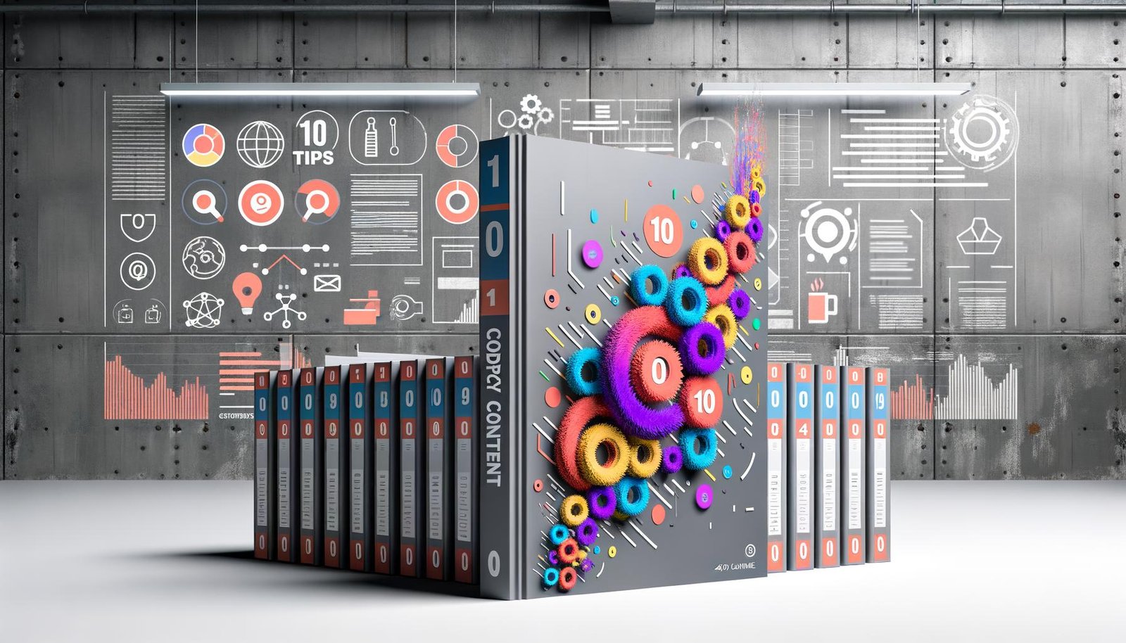 Bunter Stapel moderner Bücher mit Datenvisualisierungen und technischen Symbolen vor einem staubigen Regal voller grauer, langweiliger Bücher und digitalem Dashboard.