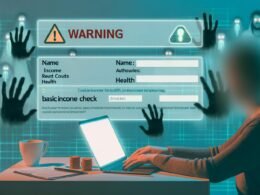 Person am Laptop beim Online-Ausfüllen des Bürgergeld-Checks mit sensiblen persönlichen Daten, umgeben von geisterhaften Händen und Warnsymbolen für Datenschutz und Tracking.