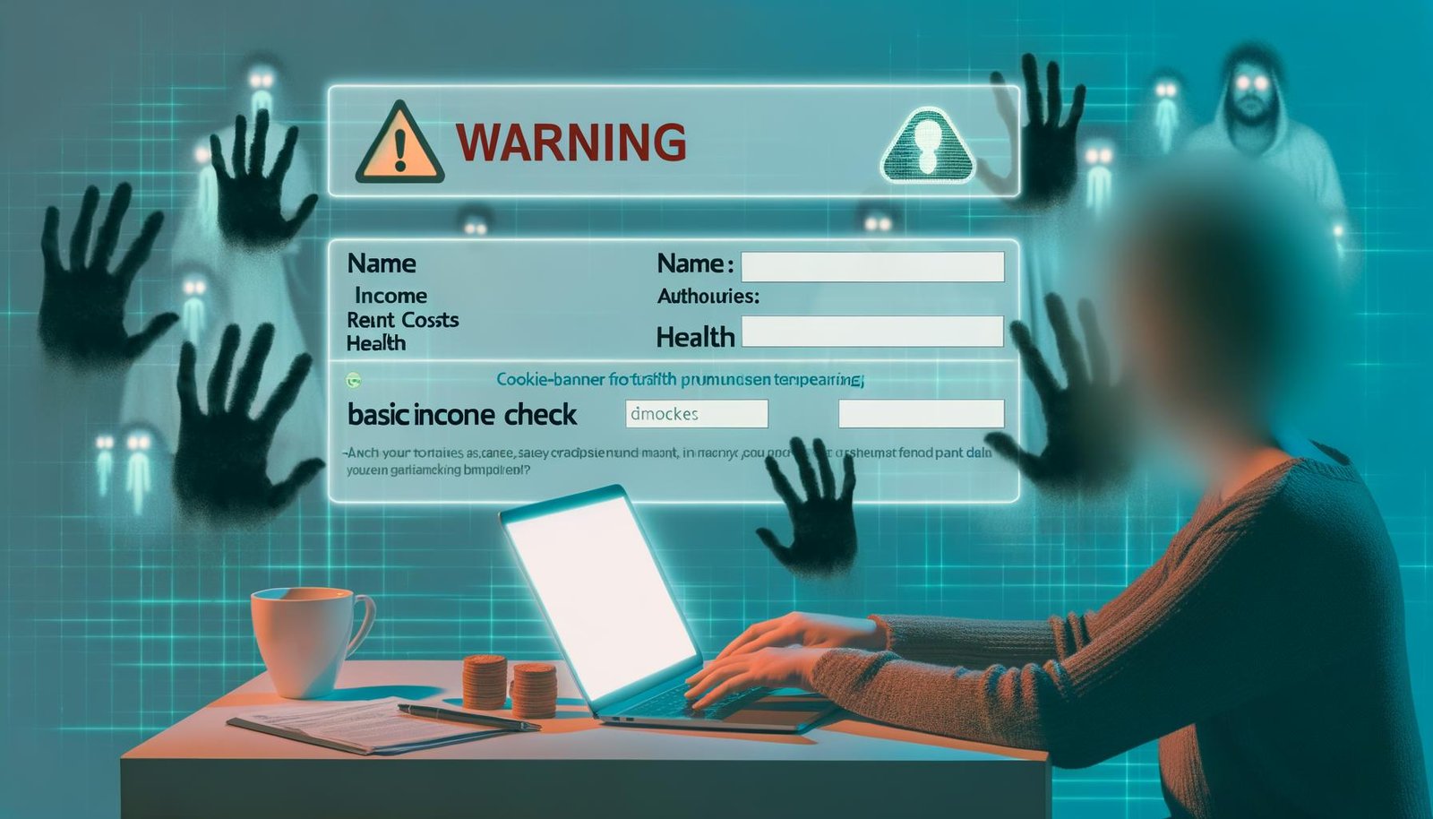 Person am Laptop beim Online-Ausfüllen des Bürgergeld-Checks mit sensiblen persönlichen Daten, umgeben von geisterhaften Händen und Warnsymbolen für Datenschutz und Tracking.