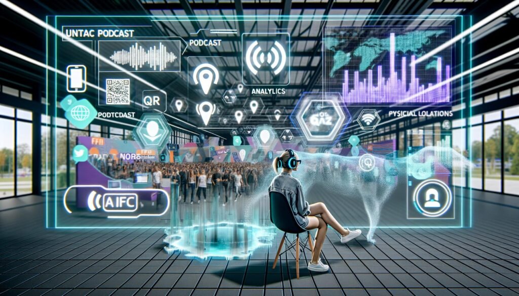 Junge Frau in digitaler Kommandozentrale mit transparenten Touchscreens, Wellenformen, Analytics-Grafiken, QR- und NFC-Symbolen und holografischen Event-Locations, im Hintergrund Messe-Stände, QR-Codes und digitale Endgeräte.