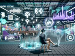 Junge Frau in digitaler Kommandozentrale mit transparenten Touchscreens, Wellenformen, Analytics-Grafiken, QR- und NFC-Symbolen und holografischen Event-Locations, im Hintergrund Messe-Stände, QR-Codes und digitale Endgeräte.