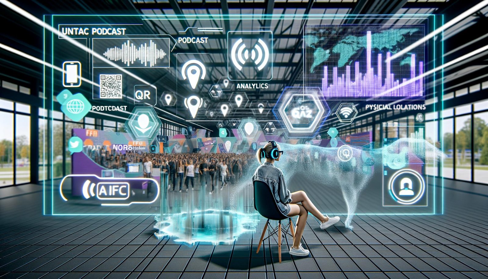 Junge Frau in digitaler Kommandozentrale mit transparenten Touchscreens, Wellenformen, Analytics-Grafiken, QR- und NFC-Symbolen und holografischen Event-Locations, im Hintergrund Messe-Stände, QR-Codes und digitale Endgeräte.