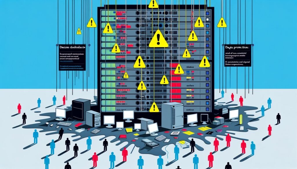Dramatisches Titelbild: Riesiger undichter Datenserver mit herausströmenden Datensatz-Schnipseln, umgeben von besorgten Figuren und angedeuteten Hackern im Hintergrund.