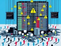 Dramatisches Titelbild: Riesiger undichter Datenserver mit herausströmenden Datensatz-Schnipseln, umgeben von besorgten Figuren und angedeuteten Hackern im Hintergrund.