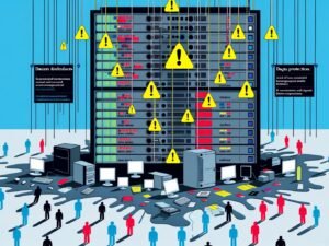 Dramatisches Titelbild: Riesiger undichter Datenserver mit herausströmenden Datensatz-Schnipseln, umgeben von besorgten Figuren und angedeuteten Hackern im Hintergrund.