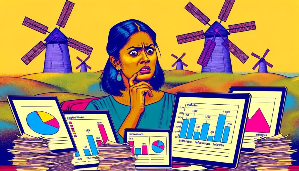 Marketer sitzend an einem Schreibtisch voller Berichte und Bildschirme mit Social-Media-Statistiken, im Hintergrund Windmühlen als Anspielung auf Don Quijote.