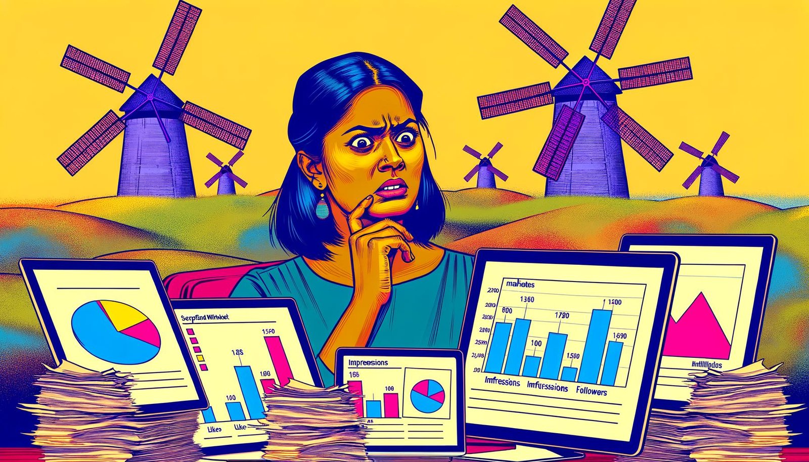 Marketer sitzend an einem Schreibtisch voller Berichte und Bildschirme mit Social-Media-Statistiken, im Hintergrund Windmühlen als Anspielung auf Don Quijote.
