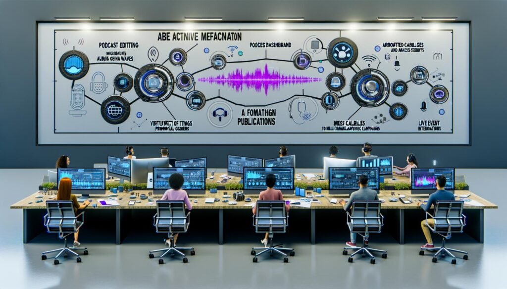 Dynamische Marketing-Teams kooperieren an Hightech-Arbeitsplätzen mit intelligenten Geräten, digitalen Dashboards und Echtzeit-Analysen in einem visionären Büro von 2025.