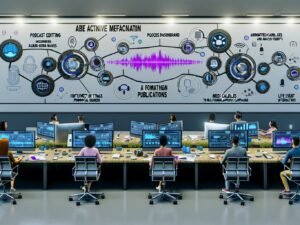 Dynamische Marketing-Teams kooperieren an Hightech-Arbeitsplätzen mit intelligenten Geräten, digitalen Dashboards und Echtzeit-Analysen in einem visionären Büro von 2025.