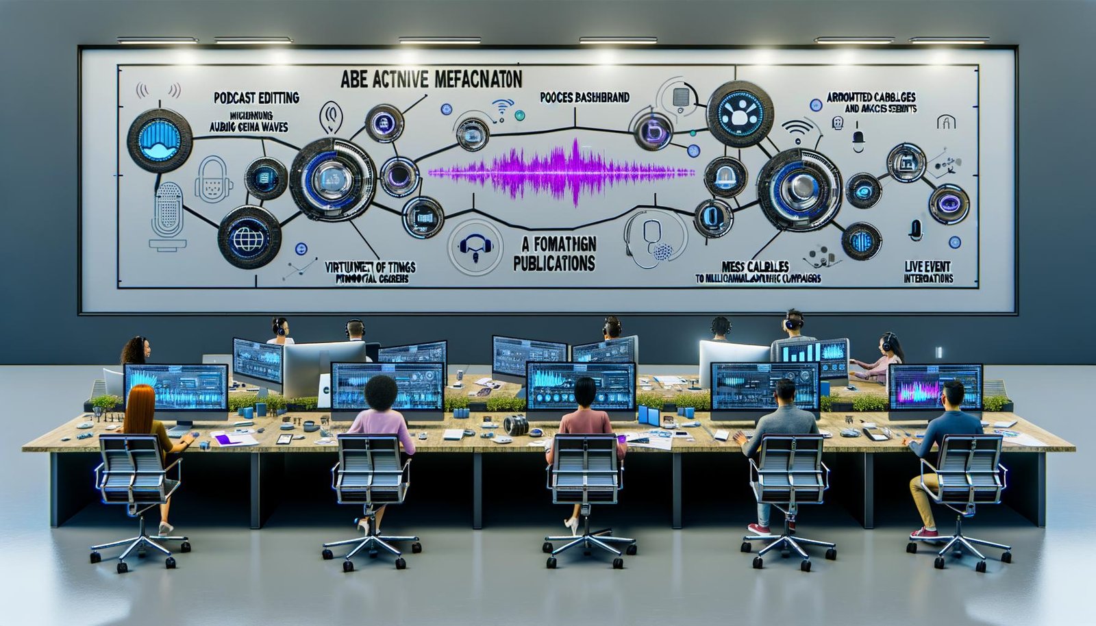 Dynamische Marketing-Teams kooperieren an Hightech-Arbeitsplätzen mit intelligenten Geräten, digitalen Dashboards und Echtzeit-Analysen in einem visionären Büro von 2025.