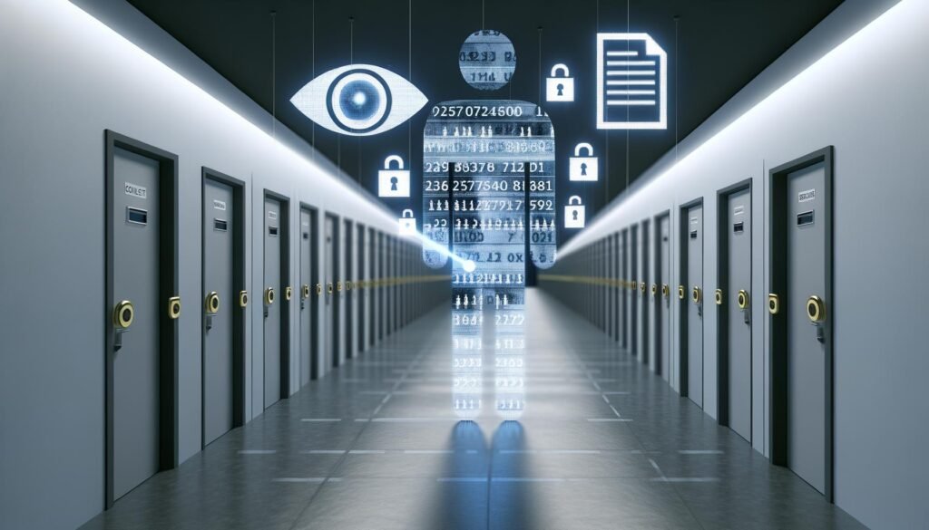 Amtsflur eines modernen Jobcenters mit geschlossenen Türen und Zahlenschlössern, eine halbtransparente Papierfigur zeigt verschiedene persönliche Daten, darüber schwebt eine bedrohliche Überwachungskamera mit digitalen Datenströmen