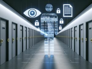 Amtsflur eines modernen Jobcenters mit geschlossenen Türen und Zahlenschlössern, eine halbtransparente Papierfigur zeigt verschiedene persönliche Daten, darüber schwebt eine bedrohliche Überwachungskamera mit digitalen Datenströmen