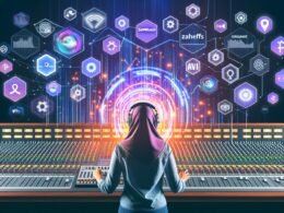 Moderne Illustration eines Content Creators an einem digitalen Mischpult mit bekannten Tools, Datenströmen und automatisiertem Content-Fluss zu Google, Social Media und Newslettern.