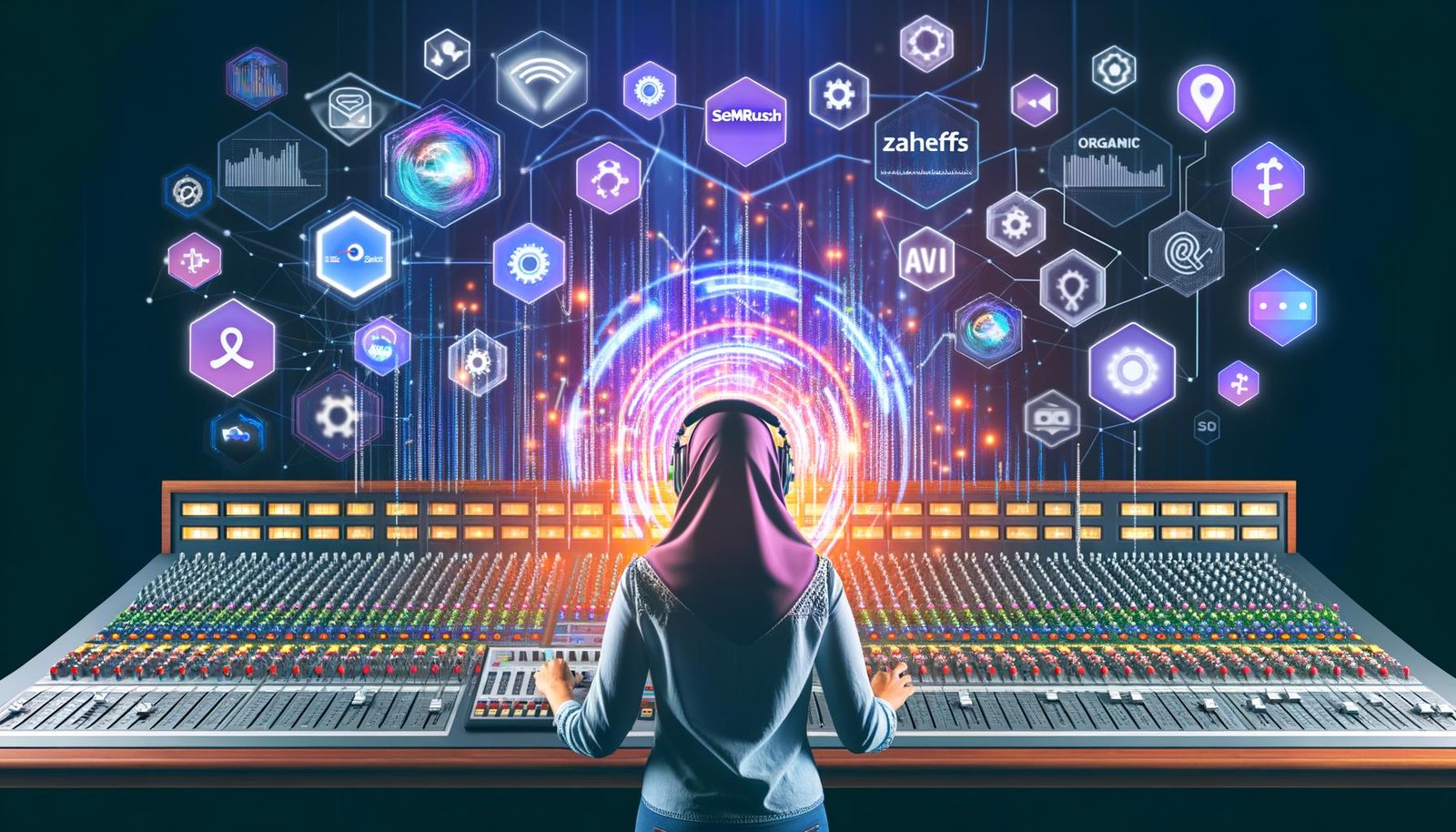 Moderne Illustration eines Content Creators an einem digitalen Mischpult mit bekannten Tools, Datenströmen und automatisiertem Content-Fluss zu Google, Social Media und Newslettern.