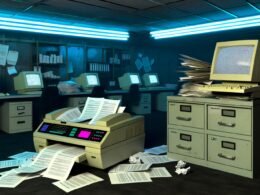 Triste Amtsstube mit Neonlicht, loser Papierstapel, altem Faxgerät und alten Röhrenmonitoren, die digitalen Datenschutz-Fail symbolisieren.