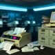 Triste Amtsstube mit Neonlicht, loser Papierstapel, altem Faxgerät und alten Röhrenmonitoren, die digitalen Datenschutz-Fail symbolisieren.