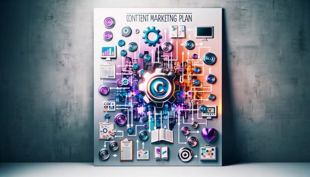 Illustration einer modernen Content-Marketing-Maschine mit Monitoren, Flowcharts, Content- und Social Media Icons, Zahnrädern, Datenströmen, Dashboards, Zielscheiben, Whiteboard und Großstadt-Silhouette im Hintergrund.