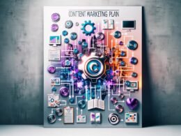 Illustration einer modernen Content-Marketing-Maschine mit Monitoren, Flowcharts, Content- und Social Media Icons, Zahnrädern, Datenströmen, Dashboards, Zielscheiben, Whiteboard und Großstadt-Silhouette im Hintergrund.