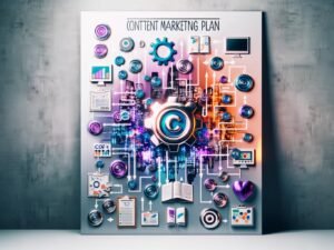 Illustration einer modernen Content-Marketing-Maschine mit Monitoren, Flowcharts, Content- und Social Media Icons, Zahnrädern, Datenströmen, Dashboards, Zielscheiben, Whiteboard und Großstadt-Silhouette im Hintergrund.