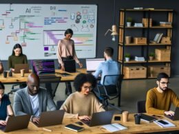 Junges, diverses Team aus Marketern und Entwicklern arbeitet im modernen Großraumbüro an Laptops mit farbigem Python-Code, Diagrammen, Dashboards und Whiteboard mit KI-Skizzen im Hintergrund.