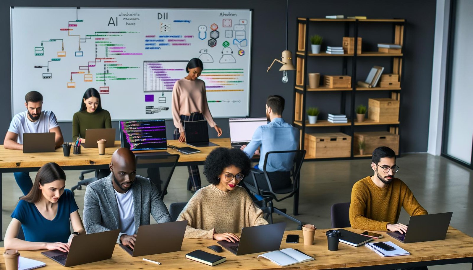 Junges, diverses Team aus Marketern und Entwicklern arbeitet im modernen Großraumbüro an Laptops mit farbigem Python-Code, Diagrammen, Dashboards und Whiteboard mit KI-Skizzen im Hintergrund.