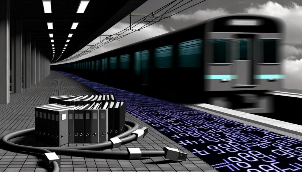 Düsteres Titelbild eines Zuges, der auf wartende Menschen am Bahnsteig zufährt, deren Schatten digitale Nullen und Einsen darstellen; im Vordergrund Aktenordner und verzweigte Datenkabel auf graublauem, modernem Hintergrund.