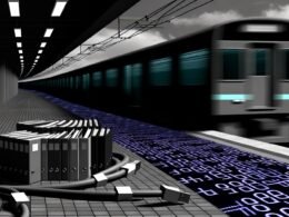 Düsteres Titelbild eines Zuges, der auf wartende Menschen am Bahnsteig zufährt, deren Schatten digitale Nullen und Einsen darstellen; im Vordergrund Aktenordner und verzweigte Datenkabel auf graublauem, modernem Hintergrund.