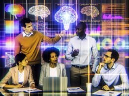 Illustration eines diversen Technikteams, das Deep Learning Modelle mit PyTorch in einer modernen Arbeitsumgebung analysiert, umgeben von Diagrammen, Screens und Code.