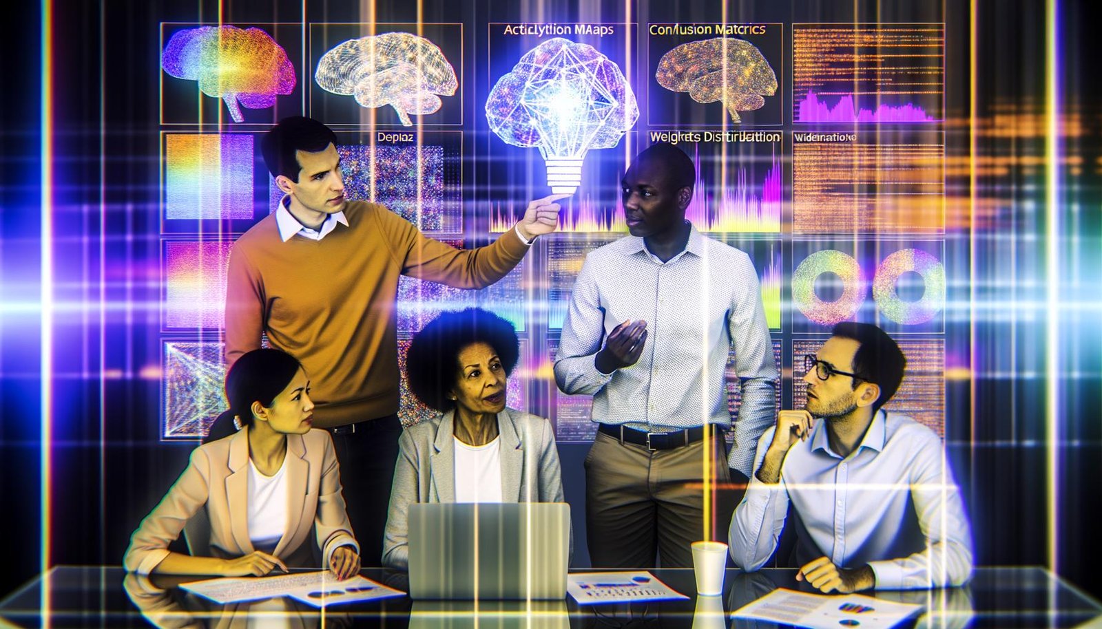 Illustration eines diversen Technikteams, das Deep Learning Modelle mit PyTorch in einer modernen Arbeitsumgebung analysiert, umgeben von Diagrammen, Screens und Code.