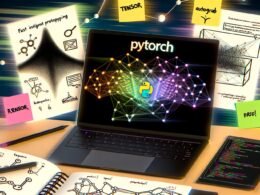 Modernes Magazin-Titelbild mit Arbeitsbereich: Laptop zeigt PyTorch-Code und Tensor-Grafiken, Notizbuch mit Skizzen zu neuronalen Netzen, Post-its zu PyTorch-Konzepten, stilisierte Computational Graphen im Hintergrund und PyTorch-Logo.