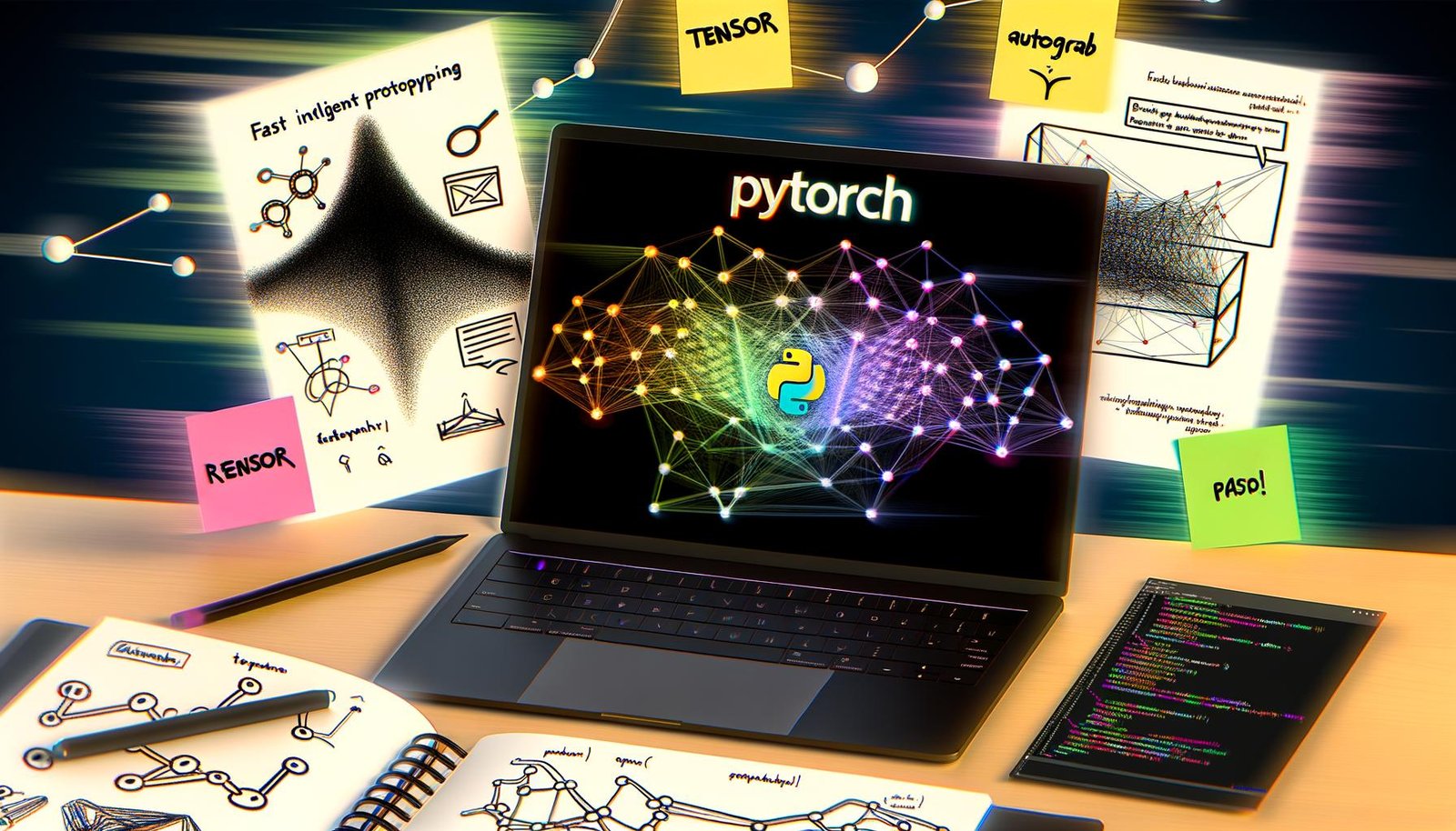 Modernes Magazin-Titelbild mit Arbeitsbereich: Laptop zeigt PyTorch-Code und Tensor-Grafiken, Notizbuch mit Skizzen zu neuronalen Netzen, Post-its zu PyTorch-Konzepten, stilisierte Computational Graphen im Hintergrund und PyTorch-Logo.