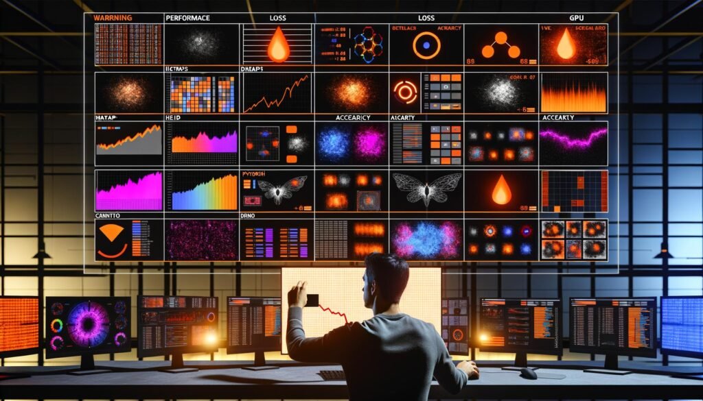 Data Scientist im Kontrollraum vor großen, farbintensiven PyTorch-Dashboards mit Heatmaps, Diagrammen und Live-Graphen. Die Szene ist technisch und angespannt, mit blinkenden Warnungen und Hardware-Lichtern.