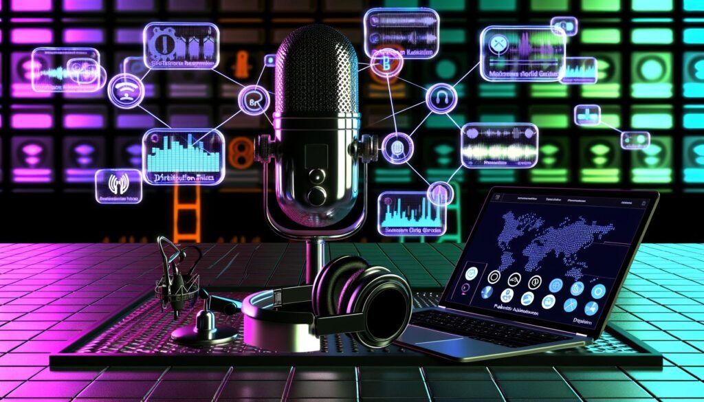 Modernes Podcast-Setup mit Mikrofon, Profi-Kopfhörern, Laptop mit Audiobearbeitung und digitalen Panels für Keyword-Cluster, Analysen und Distribution, alles in auffälligen Neonfarben.