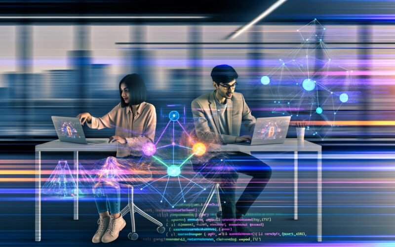 Zwei junge Entwickler kollaborieren an einem modernen Schreibtisch mit Laptops, sichtbar sind PyTorch-Code, neuronale Netzdiagramme, digitale Overlays und das kreative Büro von 404 Magazine.