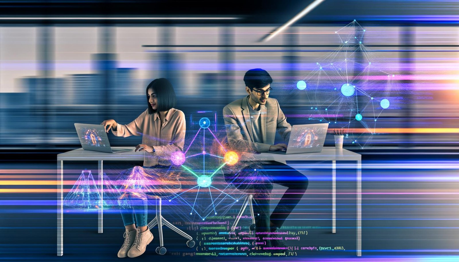 Zwei junge Entwickler kollaborieren an einem modernen Schreibtisch mit Laptops, sichtbar sind PyTorch-Code, neuronale Netzdiagramme, digitale Overlays und das kreative Büro von 404 Magazine.